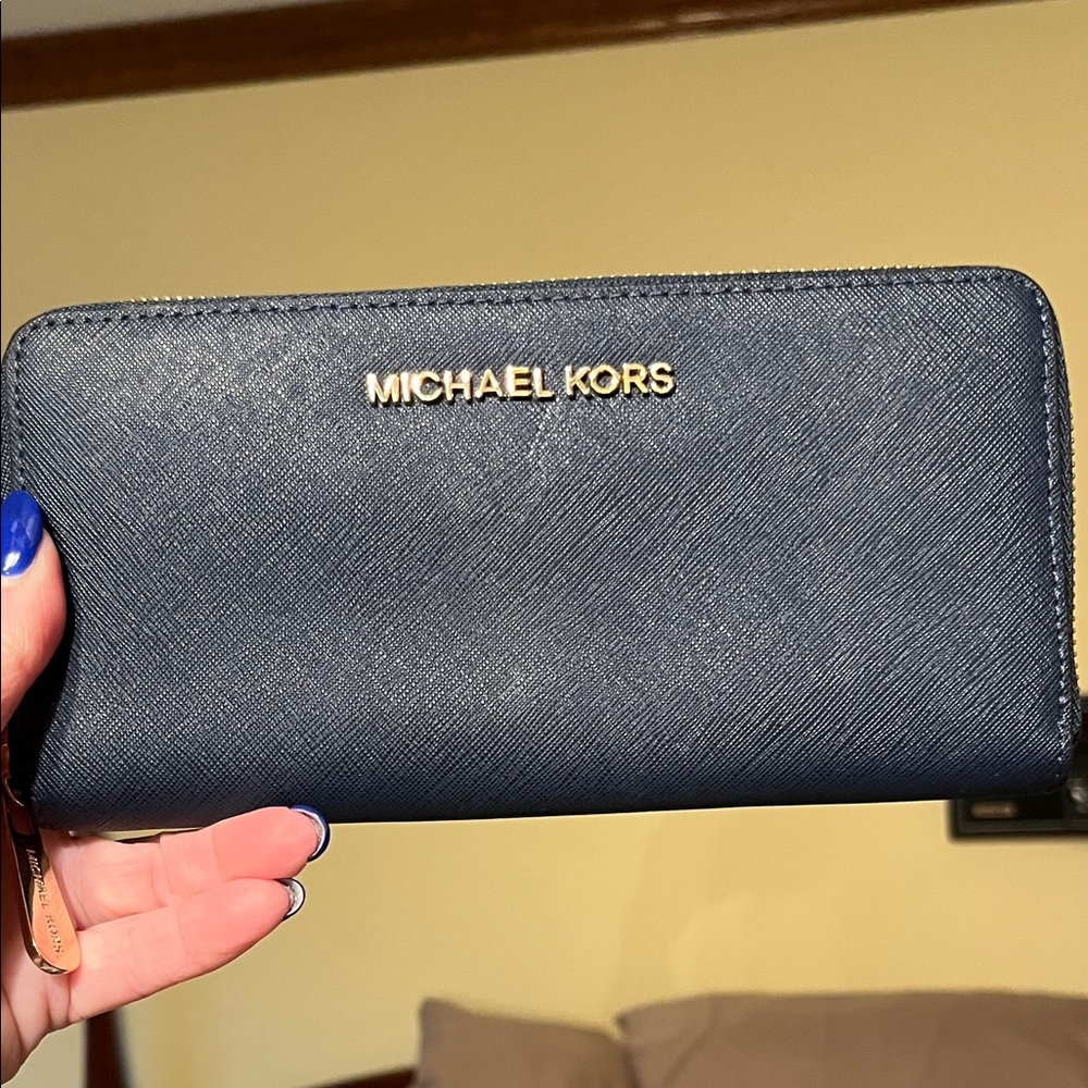 Michael Kors Navy Saffiano Zip-Around Wallet with Gold Logo